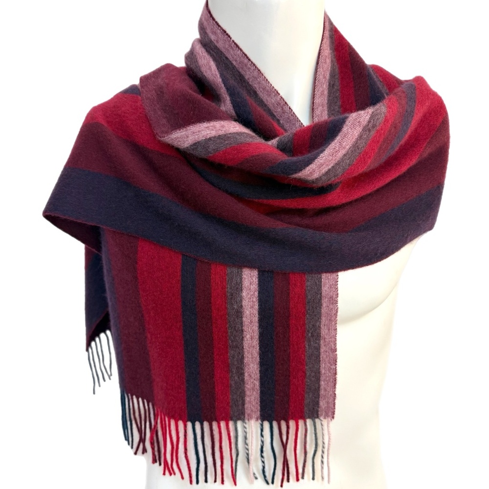 Woo 100% Cashmere Burgundy Stripe Scarf – Soft Luxury Wrap